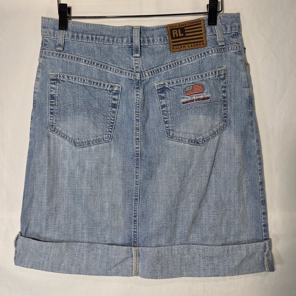 90s Polo Jeans Co Ralph Lauren Denim Knee Skirt Sz 6 Light Wash Cuffed Flag Logo